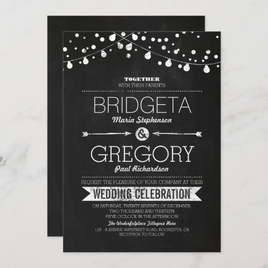 Moderne krijtbord String Lights Bruiloft uitnodigi Kaart (Voorkant / Achterkant)