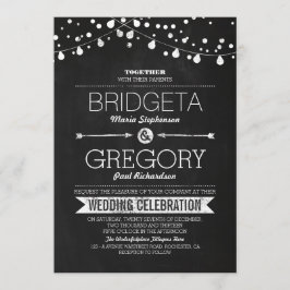 Moderne krijtbord String Lights Bruiloft uitnodigi Kaart