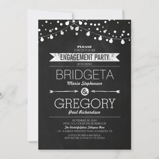 Moderne Krijtbord String Lights Engagement Party Kaart (Voorkant)