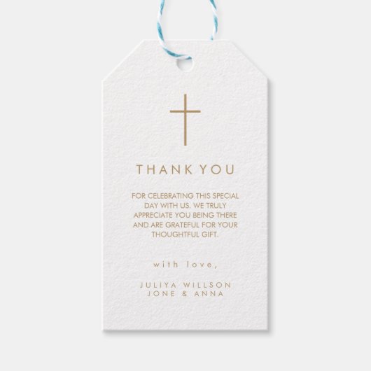 Moderne kruis gouden Doop foto  Cadeaulabel (Voorkant)