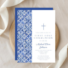 Moderne kruisblauwe Tegels Jongen Eerste Communie Kaart