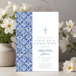 Moderne kruisblauwe Tegels Jongen Eerste Communie Kaart