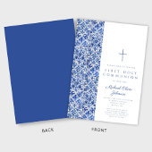 Moderne kruisblauwe Tegels Jongen Eerste Communie Kaart