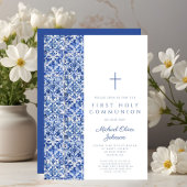 Moderne kruisblauwe Tegels Jongen Eerste Communie Kaart