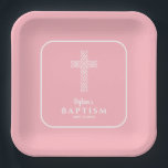 Moderne kruisroze doop doop doopsel papieren bordje<br><div class="desc">Papieren borden met een open wit kruis op een elegante blauwe achtergrond zijn ideaal voor het doopfeest,  de doop,  de eerste communie,  het bevestigings- of inwijdingsfeest of de receptie van uw kind. Bijpassende uitnodigingen en meer in ons collectie.</div>