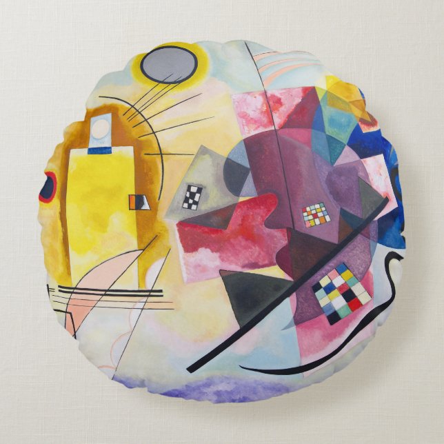Moderne Kunst Abstract Kandinsky Geel Rood Blauw Rond Kussen (Voorkant)