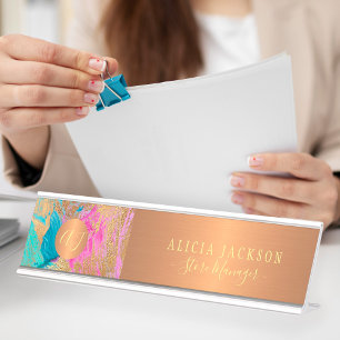 Moderne kunst abstract patroon blauwgroen goud mon bureau naambordje