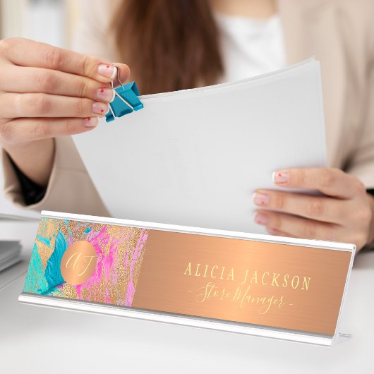 Moderne kunst abstract patroon blauwgroen goud mon bureau naambordje