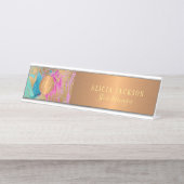 Moderne kunst abstract patroon blauwgroen goud mon bureau naambordje (Voorkant)