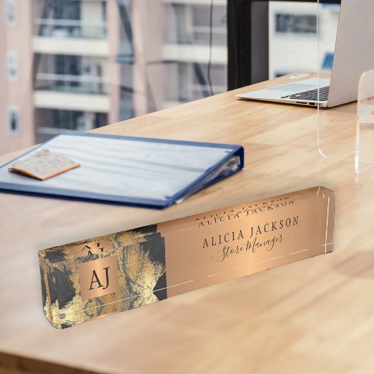 Moderne kunst abstract patroon zwart goud monogram naambordje