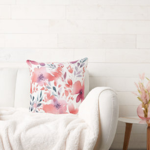 Moderne kunst Blauwgroen, koraal, pruimenbloem Kussen