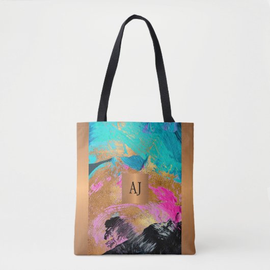 Moderne kunst borstel streken zwart goud monogram tote bag (Voorkant)
