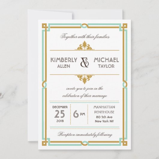  moderne kunst Deco Mint & Gold Wedding Kaart (Voorkant)