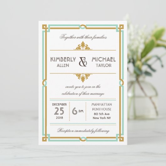 moderne kunst Deco Mint & Gold Wedding Kaart (Staand voorkant)