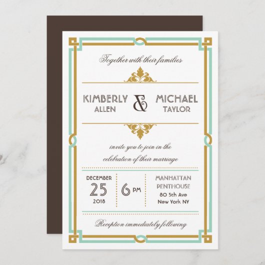  moderne kunst Deco Mint & Gold Wedding Kaart (Voorkant / Achterkant)