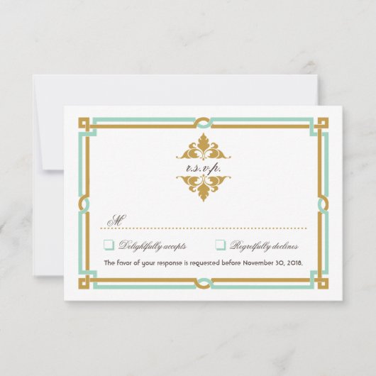  moderne kunst Deco Mint & Gold Wedding RSVP Kaartje (Voorkant)