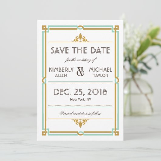  moderne kunst Deco Mint & Gold Wedding Save The Date (Staand voorkant)