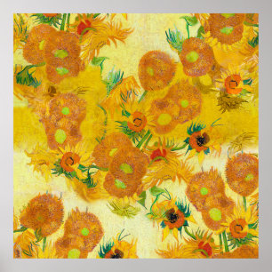 Moderne kunst geel Sinaasappel zonnebloemen olieve Poster