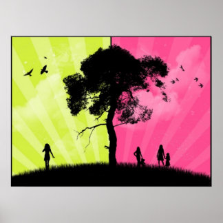 Moderne kunst - groene en roze hemel met boom poster