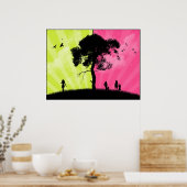 Moderne kunst - groene en roze hemel met boom poster (Keuken)