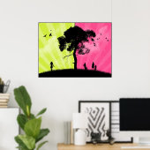 Moderne kunst - groene en roze hemel met boom poster (Thuiskantoor)