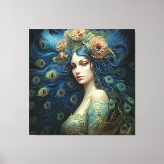 Moderne Kunst met Vrouw en Peacock Veren Canvas Afdruk (Voorkant)