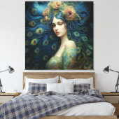 Moderne Kunst met Vrouw en Peacock Veren Canvas Afdruk (Insitu (Slaapkamer))