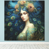 Moderne Kunst met Vrouw en Peacock Veren Canvas Afdruk (Insitu (Houten vloer))
