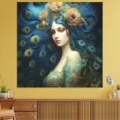 Moderne Kunst met Vrouw en Peacock Veren Canvas Afdruk (Insitu (Woonkamer))