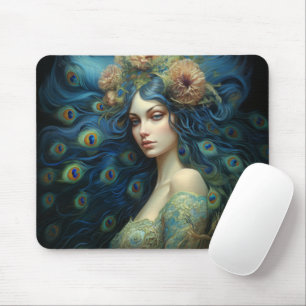 Moderne Kunst met Vrouw en Peacock Veren Muismat