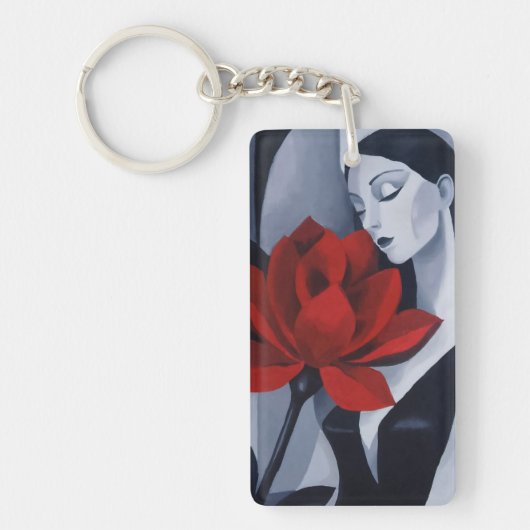 Moderne Kunst Vrouw met Rode Roos Acryl Sleutelhan Sleutelhanger (Voorkant)