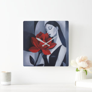 Moderne Kunst Vrouw met Rode Roos Acryl Wandklok