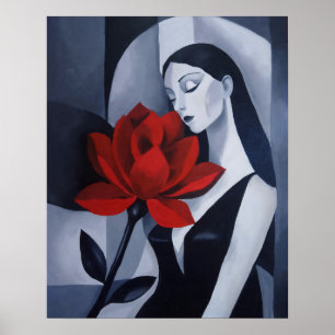 Moderne Kunst Vrouw met Rode Roos Bloem Noir Portr Poster