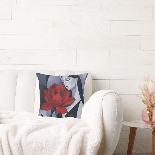 Moderne Kunst Vrouw met Rode Roos Decorative Worp  Kussen (Bank)