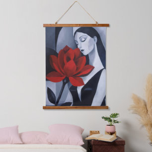 Moderne Kunst Vrouw met Rode Roos Houten Tafel Tap Hangend Wandkleed