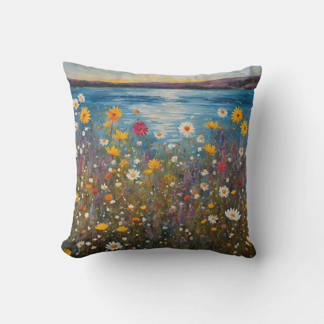 Moderne Kunst Wilde Bloemen Waterlandschap Kussen (Voorkant)