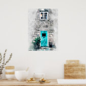 Moderne kunstblauwe waterverf schilderij op poster (Keuken)