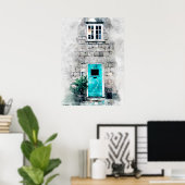 Moderne kunstblauwe waterverf schilderij op poster (Thuiskantoor)