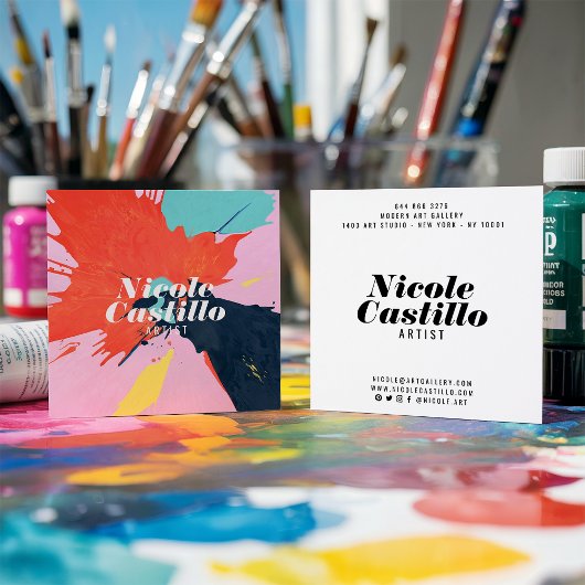 Moderne kunstenaar oranje abstracte kunstverf mini vierkante visitekaartje