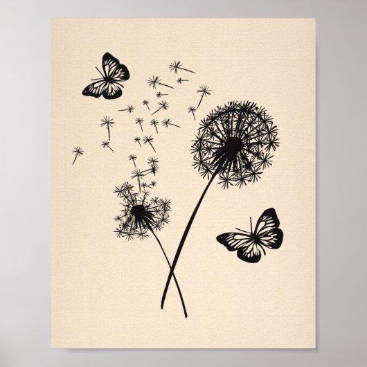 Moderne kunstroze zwarte dandelion maakt Butterfli Poster (Voorkant)