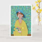 Moderne kunstvrouw met bloemen kaart (Gele Bloem)