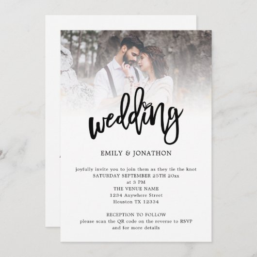 Moderne Kunstzinnige Scriptie Foto QR Code Huwelij Kaart (Voorkant / Achterkant)