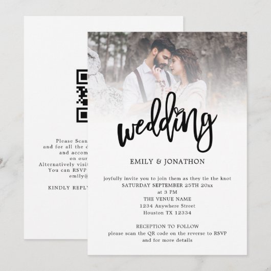 Moderne Kunstzinnige Scriptie Foto QR-code Trouwda Kaart (Voorkant / Achterkant)