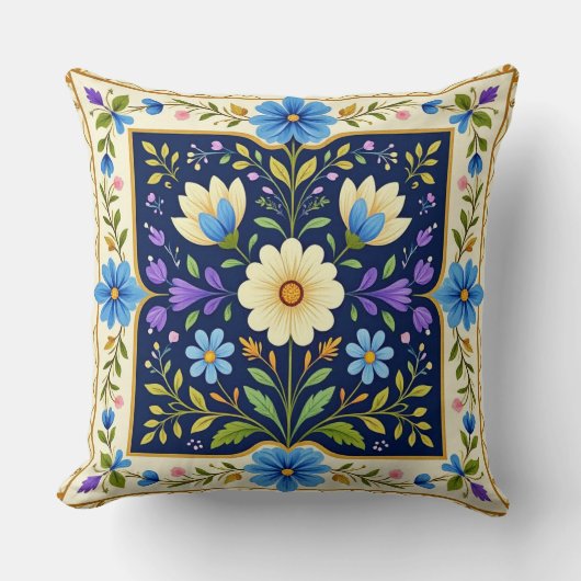 Moderne kussen met bloemendesign en rand. (Voorkant)