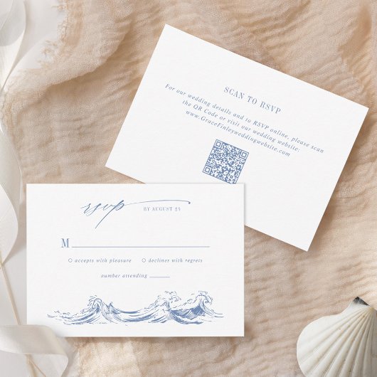 Moderne Kust Chic Blauwe QR Code Huwelijk RSVP Kaartje