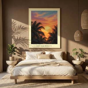 Moderne Kust Gouden Palm Zonsondergang Muurkunst P Poster