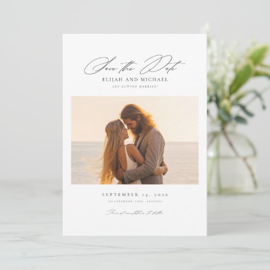 Moderne Kust Romance Fotobruiloft Save the Date Kaart (Staand voorkant)