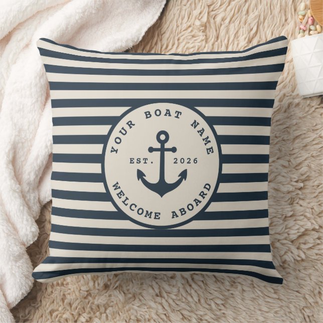 Moderne Kust Zand Beige Streep Monogram Kussen (Deken)