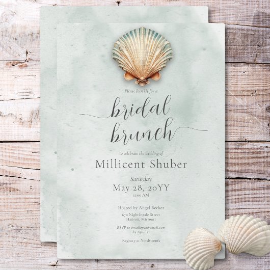 Moderne Kust Zeeschelp Aqua Bruids Brunch Kaart