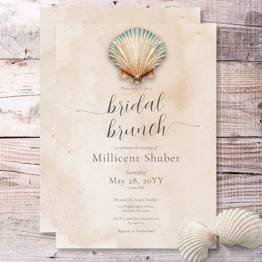Moderne Kust Zeeschelp Zand Bruids Brunch Kaart
